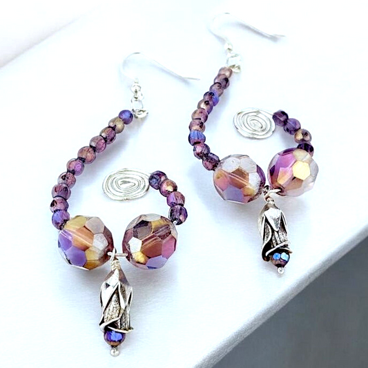 Sterling Silver Purple Glass Earrings – Handmade Faceted Bead Dangles, 3” Long x 1.5” Wide