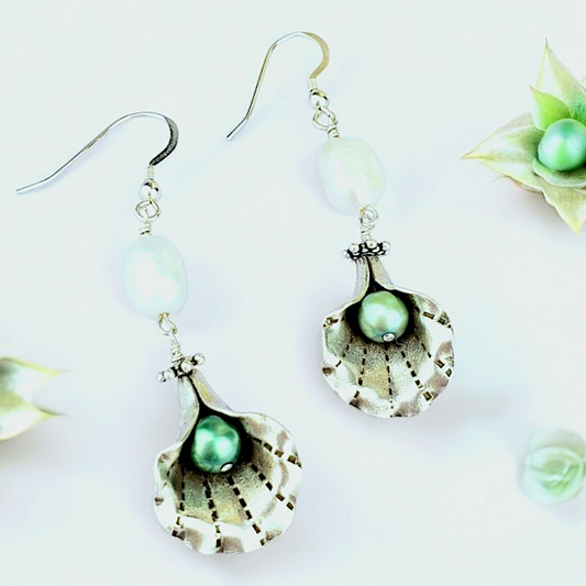 Sterling Silver Pearl Flower Earrings – Handmade Petal Dangles with White & Green Freshwater Pearls, 2” Long