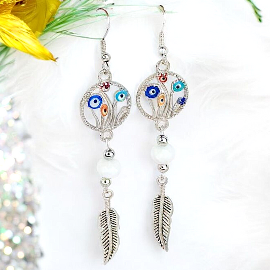 Boho Floral Feather Earrings – Handmade Silver Dangles with Enamel Flower Charms, White Faceted Beads & Feather Drops, 3.25” Long