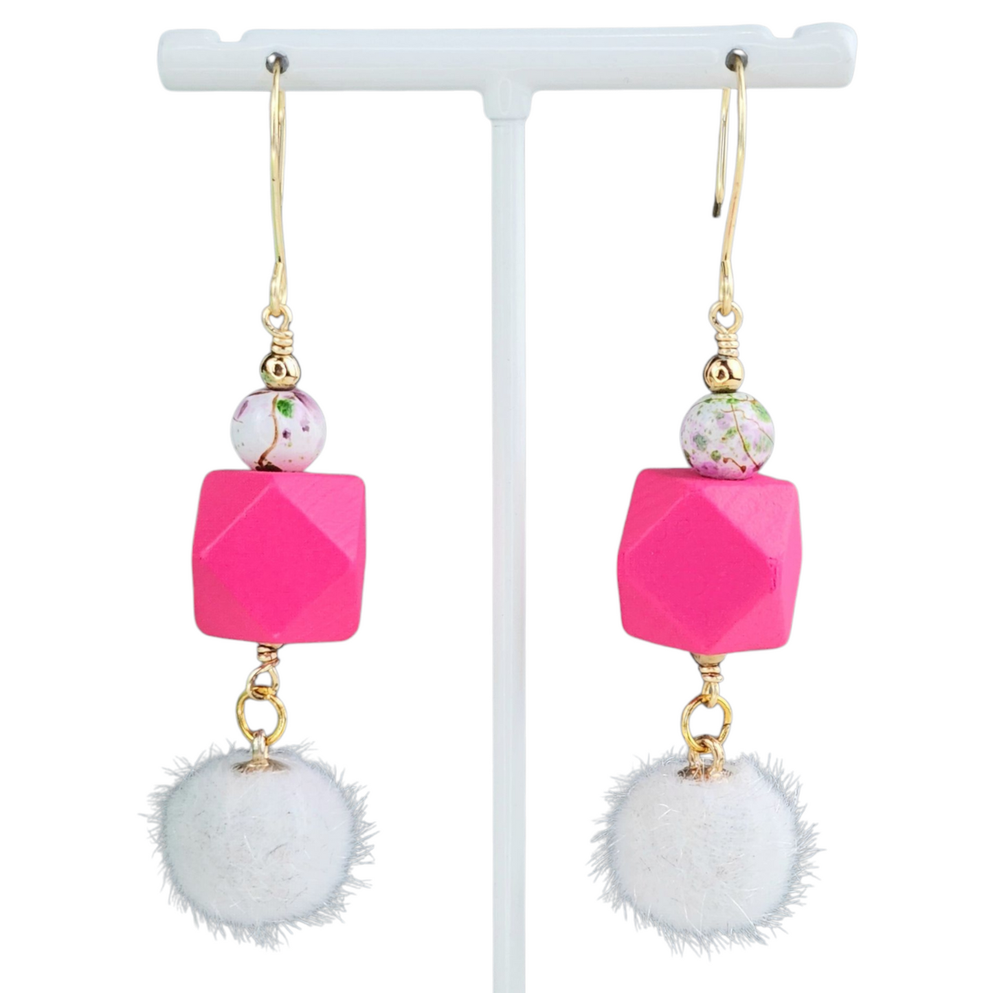 Boho Fuzzy Bead Earrings – Handmade Dangles with White Fuzzy Balls, Fuchsia Wooden Hexagons & Enameled Glass Beads, 3” Long