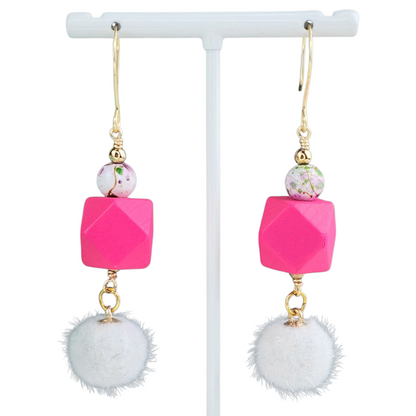 Boho Fuzzy Bead Earrings – Handmade Dangles with White Fuzzy Balls, Fuchsia Wooden Hexagons & Enameled Glass Beads, 3” Long