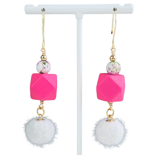 Boho Fuzzy Bead Earrings – Handmade Dangles with White Fuzzy Balls, Fuchsia Wooden Hexagons & Enameled Glass Beads, 3” Long