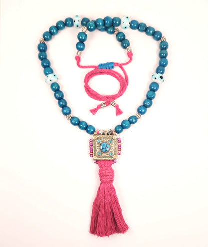 Tibetan Turquoise Necklace – Handmade Boho Pendant with Inlay, Pink Cotton Cord & Tassel – Spiritual Festival Jewelry for Her