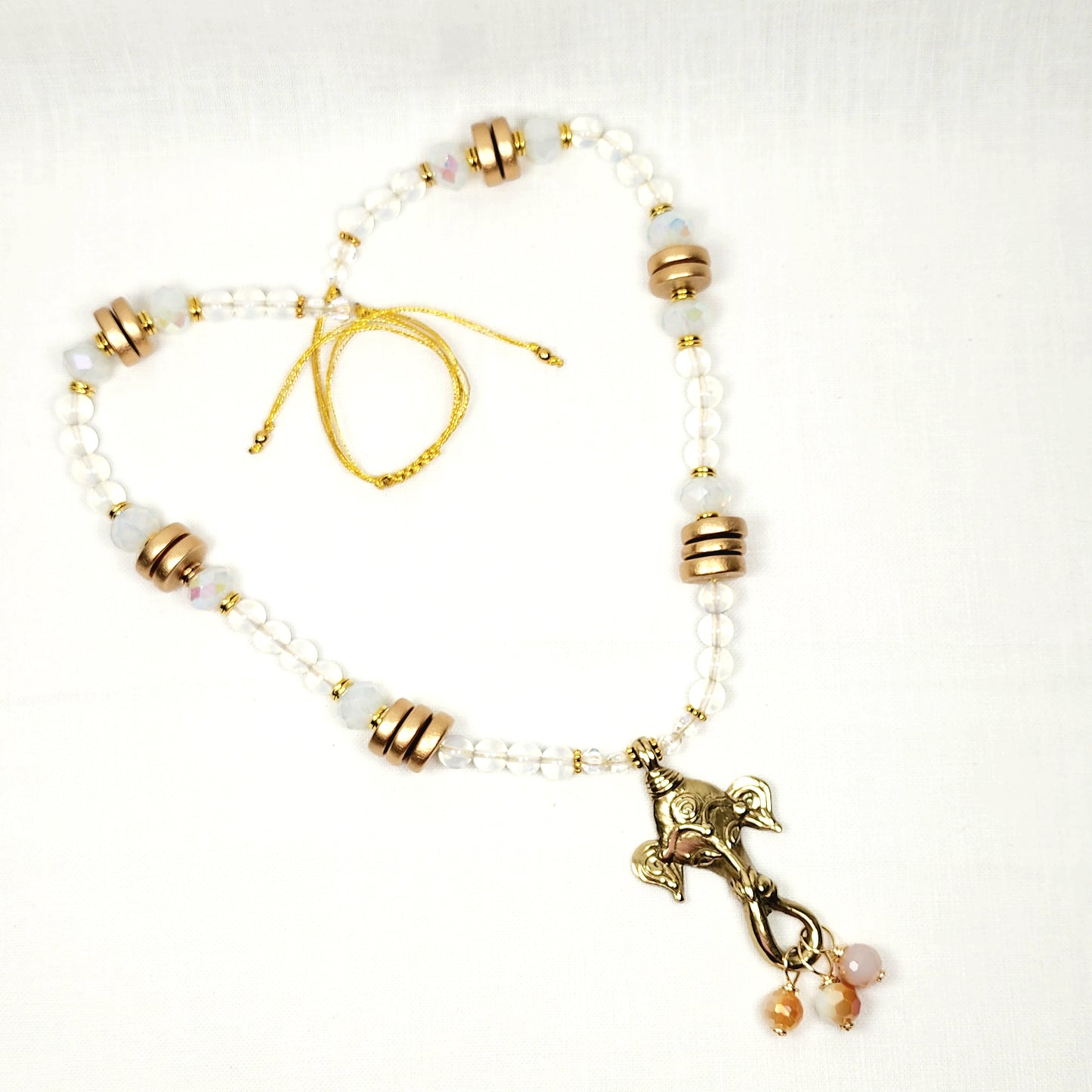 Ganesh Pendant Necklace – Boho Moonstone Jewelry with Tibetan Elephant, Wood Beads, Gold Accents & Adjustable Cord