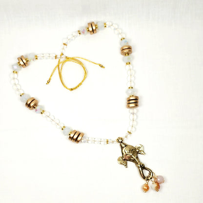 Ganesh Pendant Necklace – Boho Moonstone Jewelry with Tibetan Elephant, Wood Beads, Gold Accents & Adjustable Cord