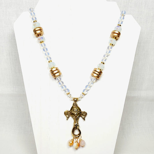 Ganesh Pendant Necklace – Boho Moonstone Jewelry with Tibetan Elephant, Wood Beads, Gold Accents & Adjustable Cord