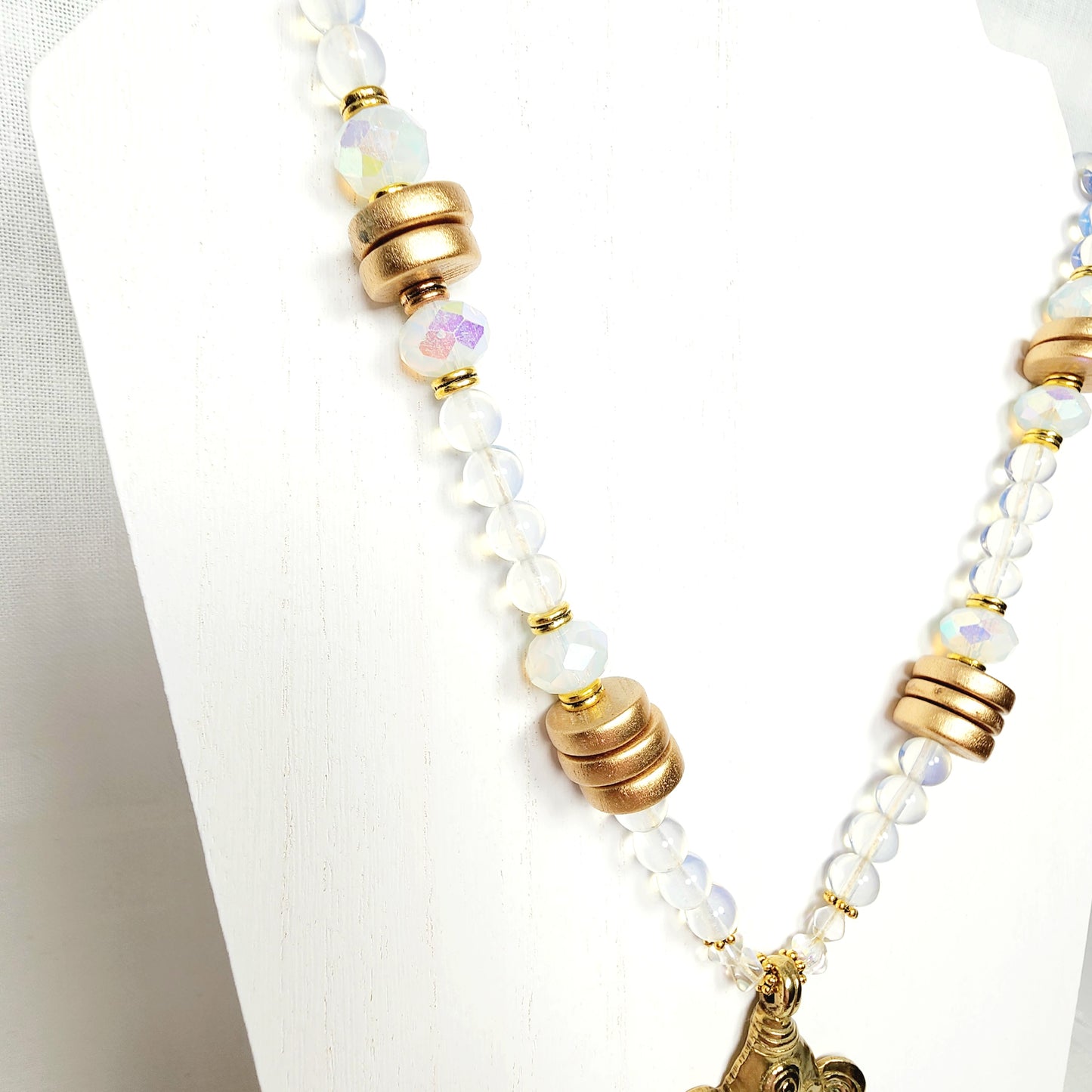 Ganesh Pendant Necklace – Boho Moonstone Jewelry with Tibetan Elephant, Wood Beads, Gold Accents & Adjustable Cord