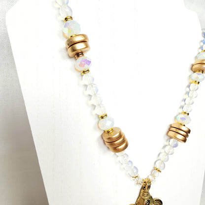 Ganesh Pendant Necklace – Boho Moonstone Jewelry with Tibetan Elephant, Wood Beads, Gold Accents & Adjustable Cord