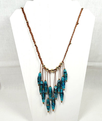 Teal Glass Boho Necklace – Handmade Jewelry with Rhombus Lampwork Beads, Golden Accents & Adjustable Braided Brown Cotton Cord
