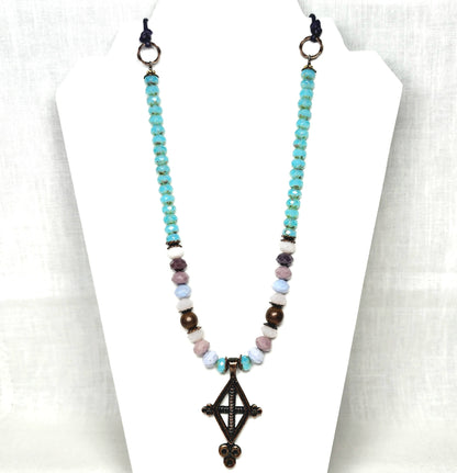 Boho Brass Cross Necklace – Handmade Antique Pendant with Teal & Multicolor Glass Beads on Adjustable Purple Leather Cord – 32” Statement Jewelry