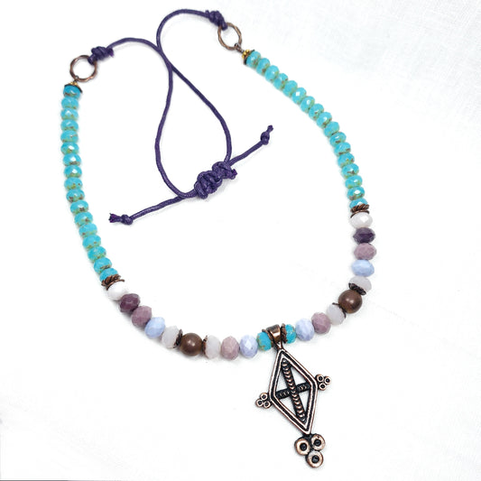 Boho Brass Cross Necklace – Handmade Antique Pendant with Teal & Multicolor Glass Beads on Adjustable Purple Leather Cord – 32” Statement Jewelry