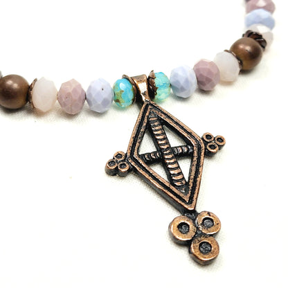 Boho Brass Cross Necklace – Handmade Antique Pendant with Teal & Multicolor Glass Beads on Adjustable Purple Leather Cord – 32” Statement Jewelry