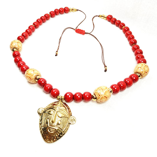 Ashanti Brass Mask Necklace – Handmade African Tribal Jewelry with Ghana Pendant, Wooden & Gold Beads on Adjustable Brown Cord – 38” Statement