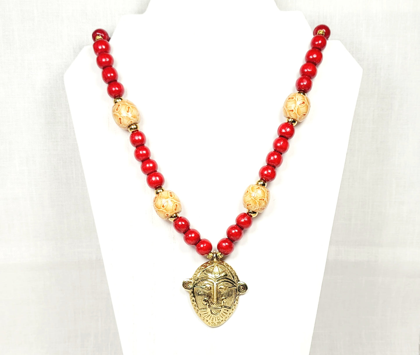 Ashanti Brass Mask Necklace – Handmade African Tribal Jewelry with Ghana Pendant, Wooden & Gold Beads on Adjustable Brown Cord – 38” Statement