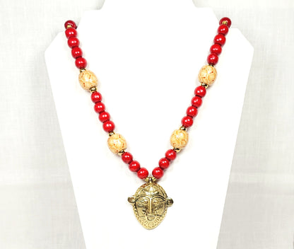 Ashanti Brass Mask Necklace – Handmade African Tribal Jewelry with Ghana Pendant, Wooden & Gold Beads on Adjustable Brown Cord – 38” Statement