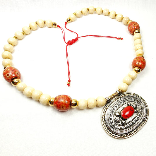 Boho Tribal Pendant Necklace – Handmade Jewelry with Red Resin Silver Oval Pendant, Wooden Beads & Golden Accents on Adjustable Red Cotton Cord, 35”