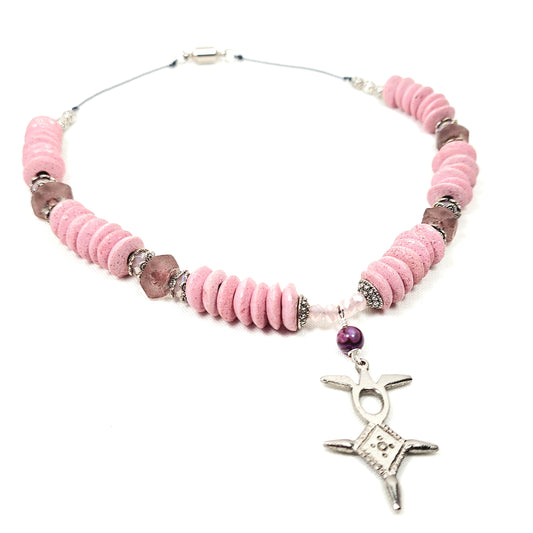 Boho Tuareg Cross Necklace – Handmade Tribal Jewelry with Pink Ashanti Glass, Swarovski Crystals & Java Sea Glass on Grey Cotton Cord with Silver Clasp