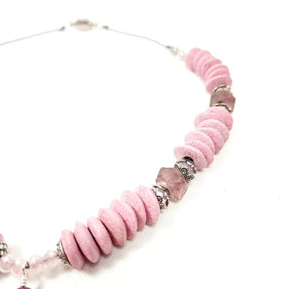 Boho Tuareg Cross Necklace – Handmade Tribal Jewelry with Pink Ashanti Glass, Swarovski Crystals & Java Sea Glass on Grey Cotton Cord with Silver Clasp