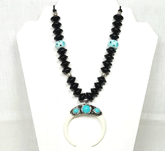 Crescent Moon Boho Necklace – Handmade Jewelry with Silver Beads, Lampwork Glass & Wood Abacus Beads on Black Cotton Cord
