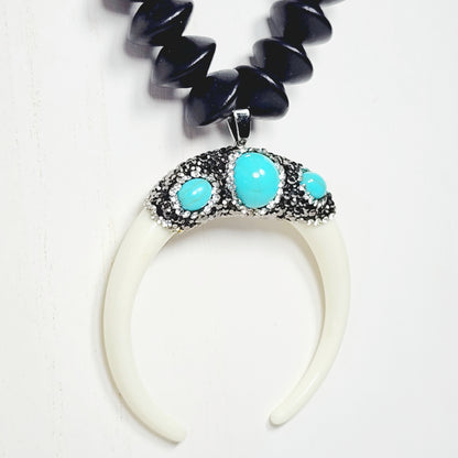 Crescent Moon Boho Necklace – Handmade Jewelry with Silver Beads, Lampwork Glass & Wood Abacus Beads on Black Cotton Cord