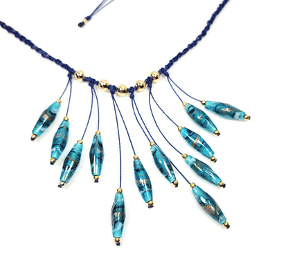 Teal Lampwork Glass Necklace – Handmade Boho Jewelry with Rhombus Beads, Golden Accents & Adjustable Blue Cotton Cord
