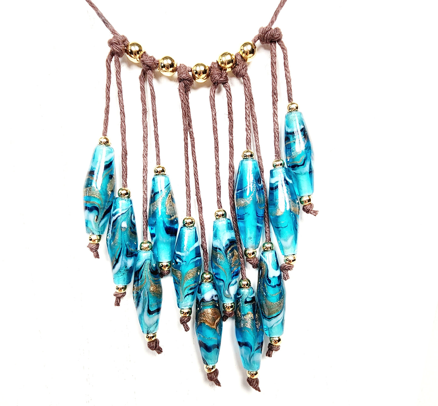 Teal Rhombus Glass Bead Necklace – Handmade Boho Jewelry with Geometric Lampwork Beads on Adjustable Brown Cord – Statement Gift for Her