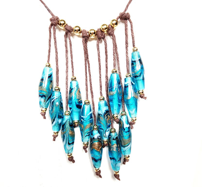 Teal Rhombus Glass Bead Necklace – Handmade Boho Jewelry with Geometric Lampwork Beads on Adjustable Brown Cord – Statement Gift for Her