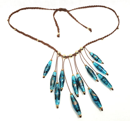 Teal Glass Boho Necklace – Handmade Jewelry with Rhombus Lampwork Beads, Golden Accents & Adjustable Braided Brown Cotton Cord