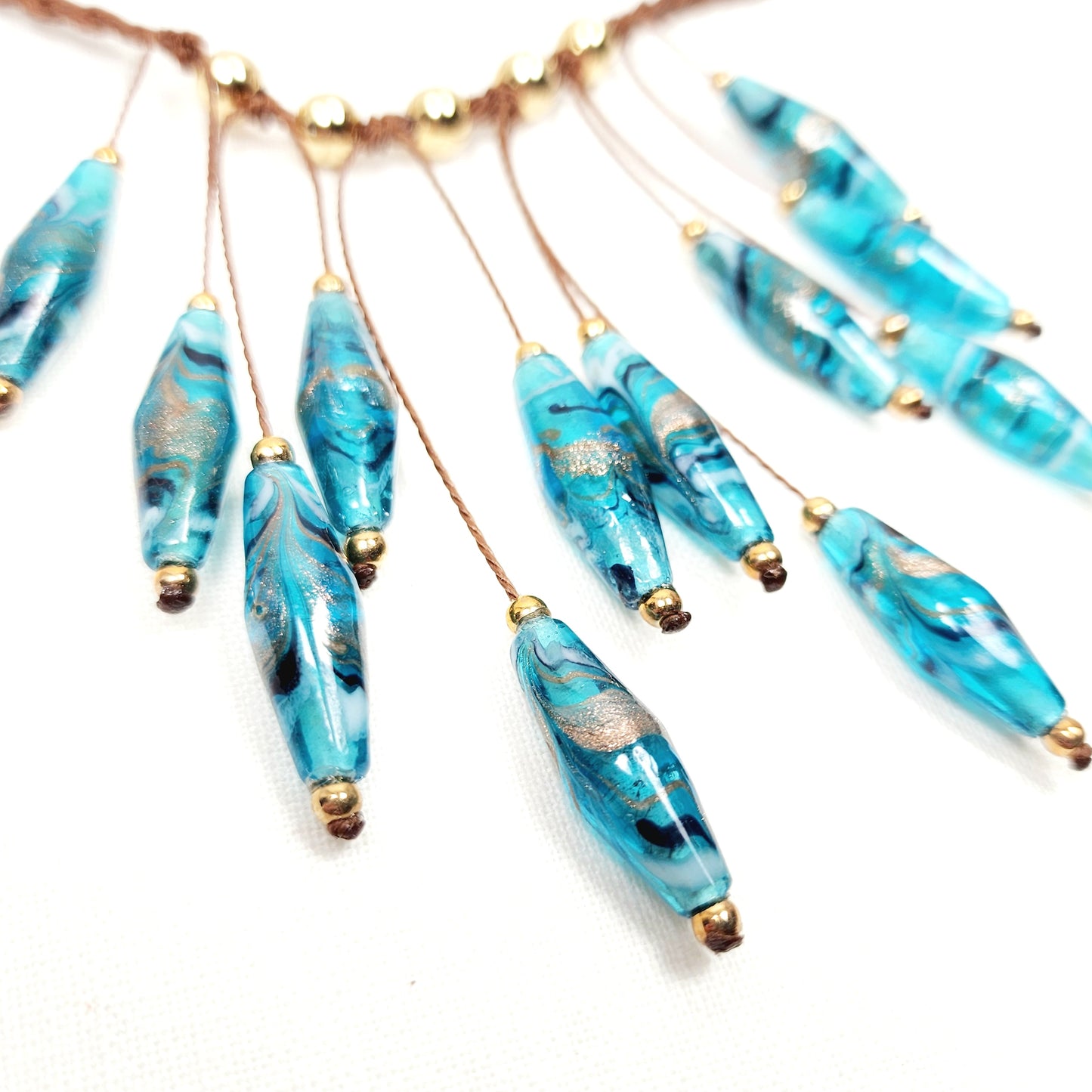 Teal Rhombus Glass Bead Necklace – Handmade Boho Jewelry with Geometric Lampwork Beads on Adjustable Brown Cord – Statement Gift for Her