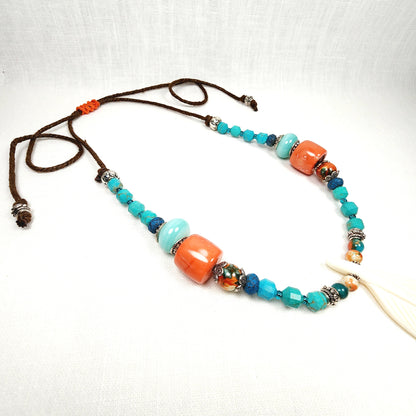 Boho Feather Necklace – Handmade Jewelry with White Resin Feather, Ocean Jade, Lampwork, Turquoise & Spiny Oyster Shell on Adjustable Brown Cord