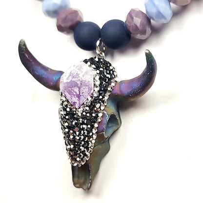 Boho Bull Skull Necklace – Handmade Rustic Jewelry with Amethyst Nuggets, Teal Lampwork Beads on Adjustable Leather Cord