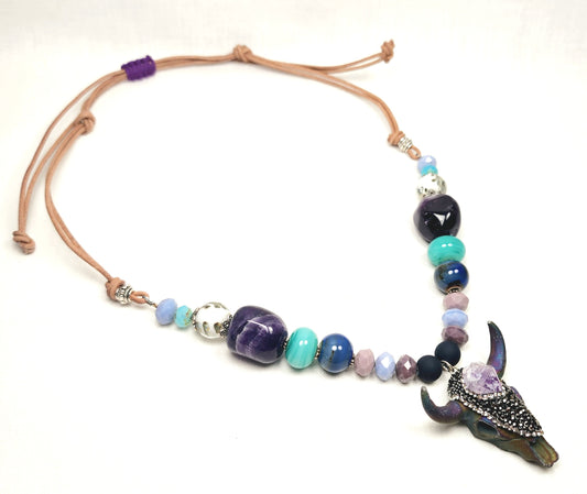 Boho Bull Skull Necklace – Handmade Rustic Jewelry with Amethyst Nuggets, Teal Lampwork Beads on Adjustable Leather Cord