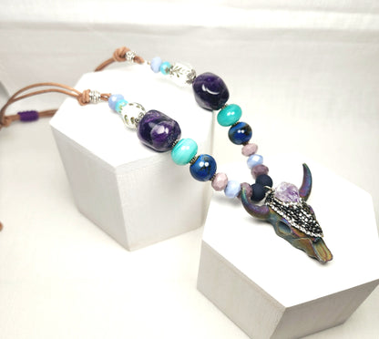 Boho Bull Skull Necklace – Handmade Rustic Jewelry with Amethyst Nuggets, Teal Lampwork Beads on Adjustable Leather Cord