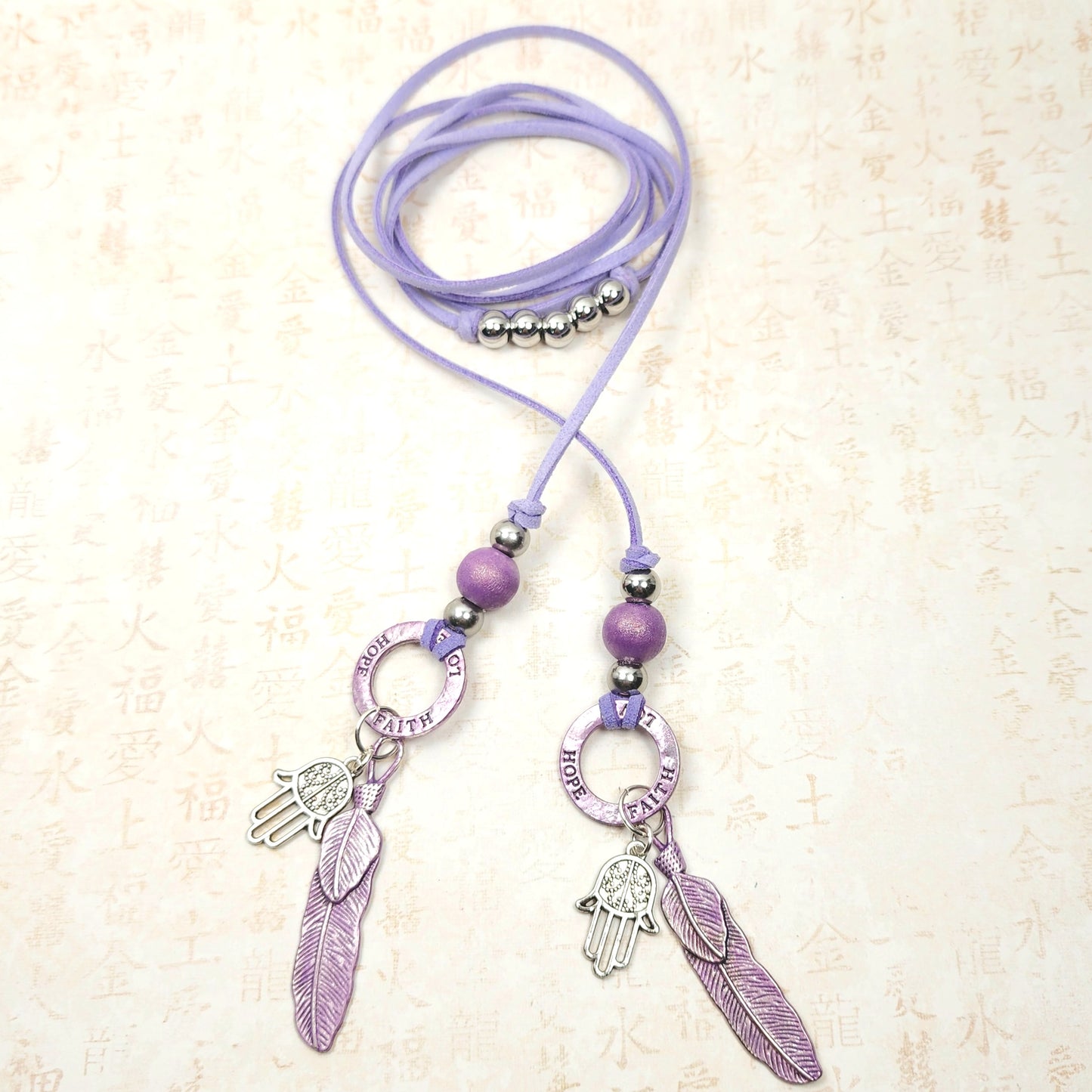 Boho Hamsa Feather Necklace – Handmade Jewelry with Silver Hamsa Charm, Purple Feather, Wood Bead & Faux Suede Cord