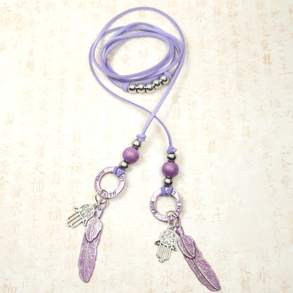 Boho Hamsa Feather Necklace – Handmade Jewelry with Silver Hamsa Charm, Purple Feather, Wood Bead & Faux Suede Cord