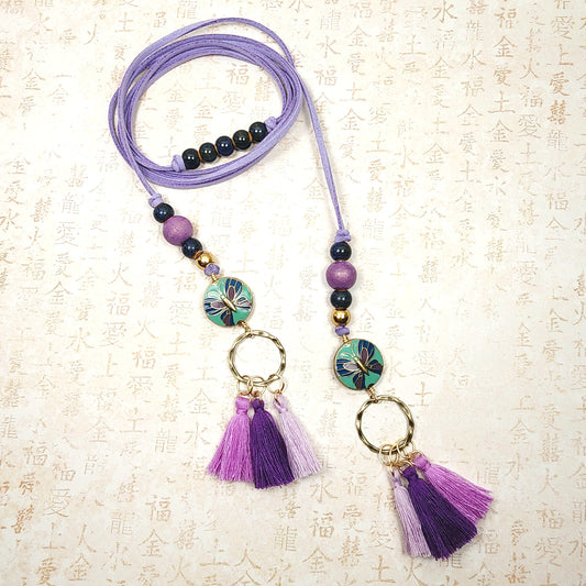 Boho Butterfly Necklace – Handmade Jewelry with Brass Coin Beads, Purple Wood, Blue Ceramic & Tassels on Long Faux Suede Cord