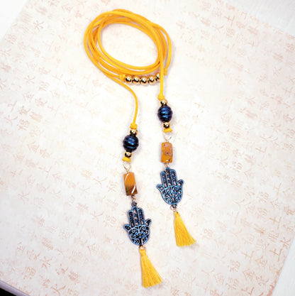 Boho Hamsa Hand Necklace – Handmade Jewelry with Blue Hamsa Charm, Yellow Jasper, Golden Beads & Tassel on Faux Suede Brown Cord