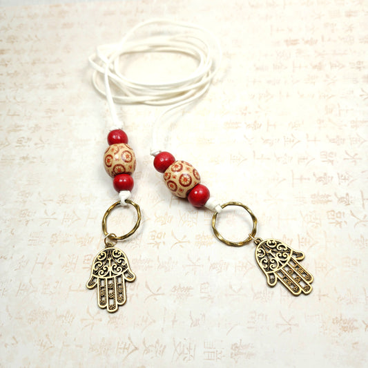Boho Hamsa Hand Necklace – Handmade Jewelry with Brass Hamsa Charm, Red & Beige Wood Beads, Brass Rings & White Faux Suede Cord