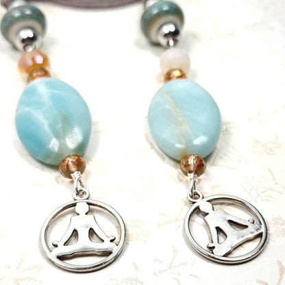 Boho Yoga Necklace – Handmade Jewelry with Silver Yoga Pose Charm, Amazonite Stones, Porcelain & Faceted Beads on Grey Faux Suede Cord