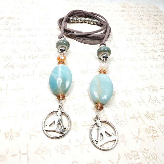 Boho Yoga Necklace – Handmade Jewelry with Silver Yoga Pose Charm, Amazonite Stones, Porcelain & Faceted Beads on Grey Faux Suede Cord