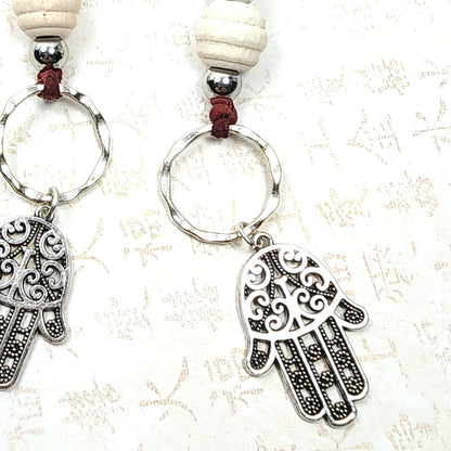 Boho Hamsa Hand Necklace – Handmade Jewelry with Silver Hamsa Charm, Wood Beads, Brass Rings & Faux Suede Brown Cord