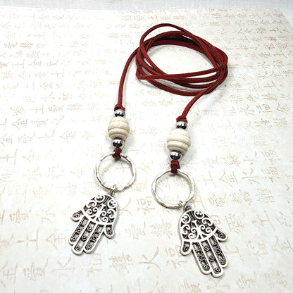 Boho Hamsa Hand Necklace – Handmade Jewelry with Silver Hamsa Charm, Wood Beads, Brass Rings & Faux Suede Brown Cord