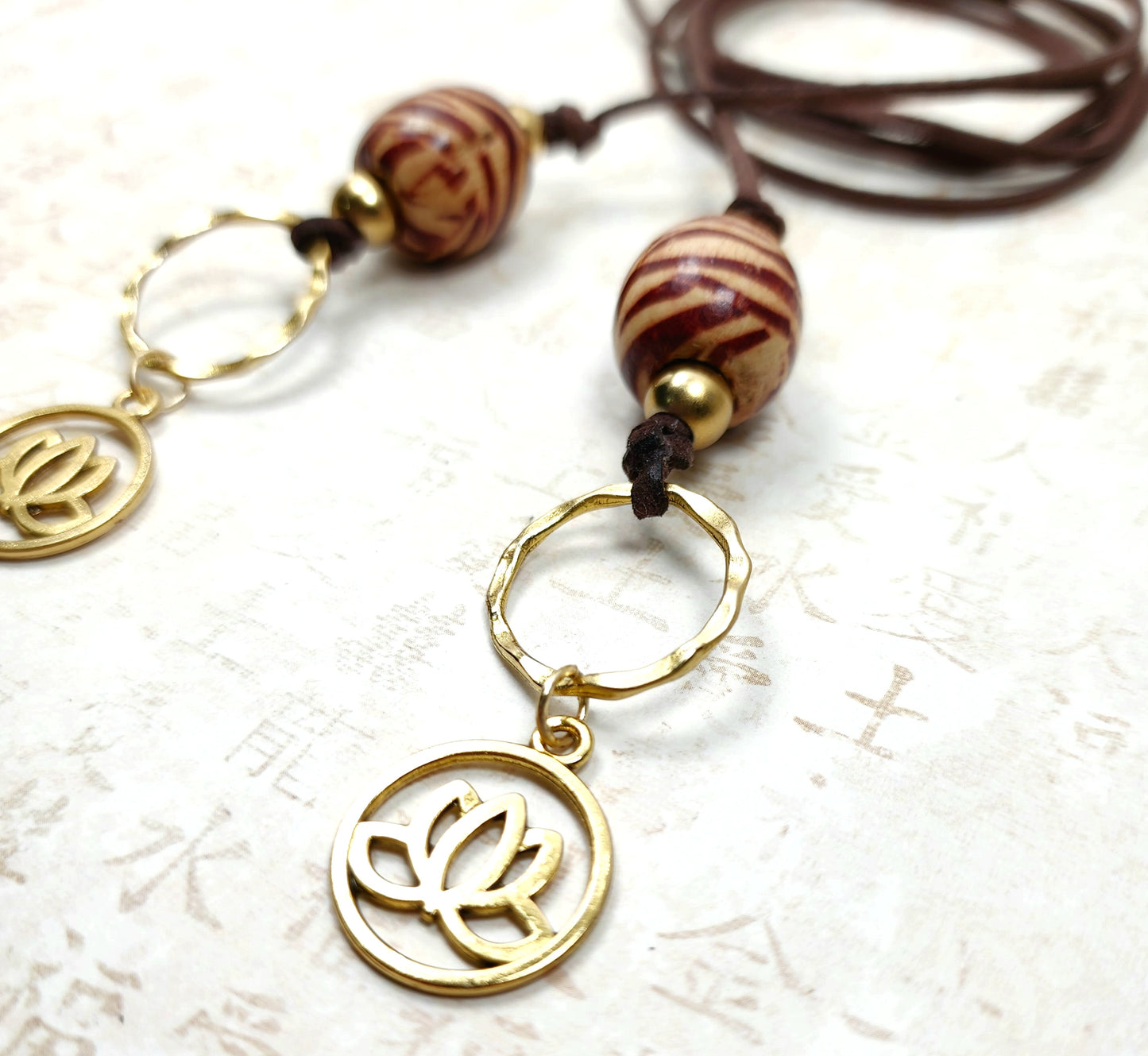 Boho Lotus Necklace – Handmade Jewelry with Brass Lotus Charm, Wooden Beads, Brass Accents & Faux Suede Brown Cord