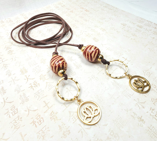 Boho Lotus Necklace – Handmade Jewelry with Brass Lotus Charm, Wooden Beads, Brass Accents & Faux Suede Brown Cord