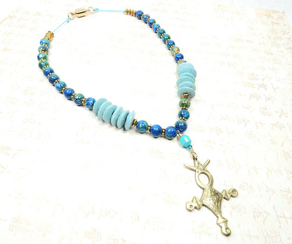 Tuareg Cross Necklace – Handmade Tribal Jewelry with Antique Brass Pendant, Ashanti Glass & Magnesite Beads with Magnetic Clasp