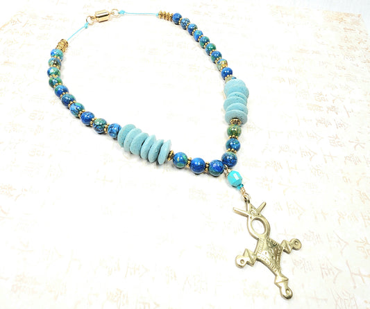 Tuareg Cross Necklace – Handmade Tribal Jewelry with Antique Brass Pendant, Ashanti Glass & Magnesite Beads with Magnetic Clasp