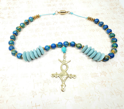 Tuareg Cross Necklace – Handmade Tribal Jewelry with Antique Brass Pendant, Ashanti Glass & Magnesite Beads with Magnetic Clasp