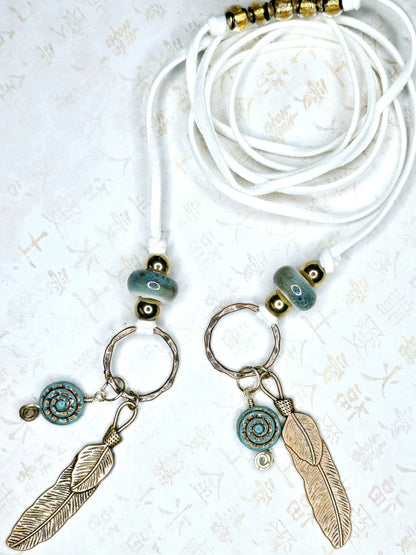 Boho Feather Lariat Necklace – Teal Porcelain Beads, Bronze Charms, Handmade on 50” Faux Suede Cord – Summer Boho Jewelry