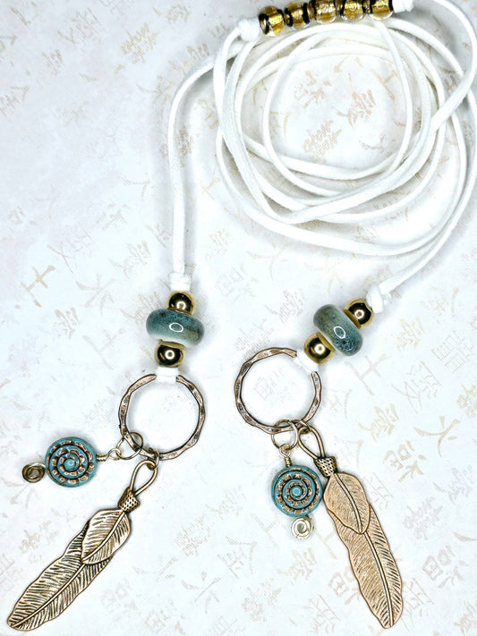 Boho Feather Lariat Necklace – Teal Porcelain Beads, Bronze Charms, Handmade on 50” Faux Suede Cord – Summer Boho Jewelry