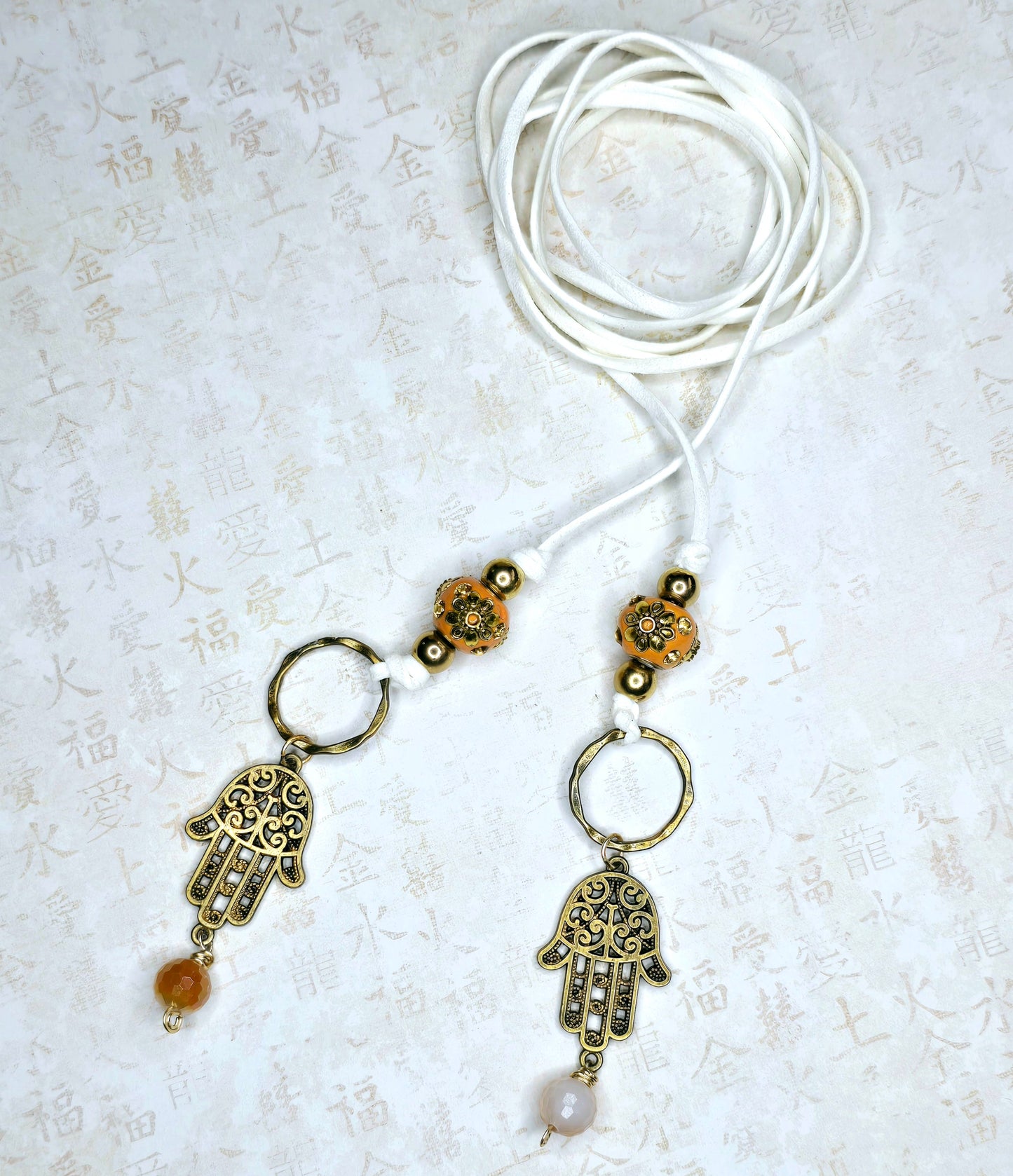 Boho Hamsa Lariat Necklace – Handmade Spiritual Jewelry with Bronze & Gold Beads on White Suede Cord – Protection Charm Necklace